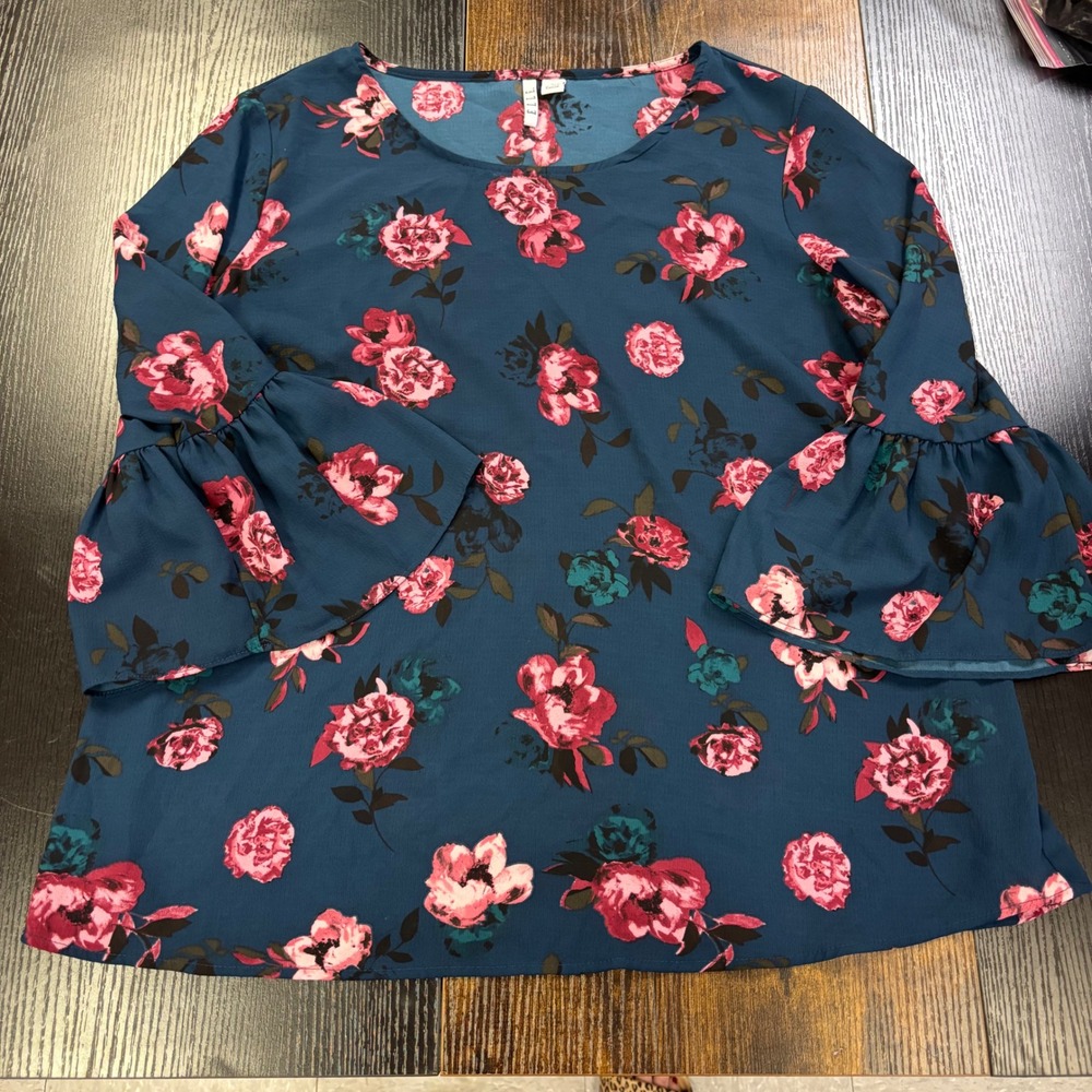 Elle Floral Bell Sleeve Blouse Teal Pink Rose Print Crew Neck Top Womens Large‎